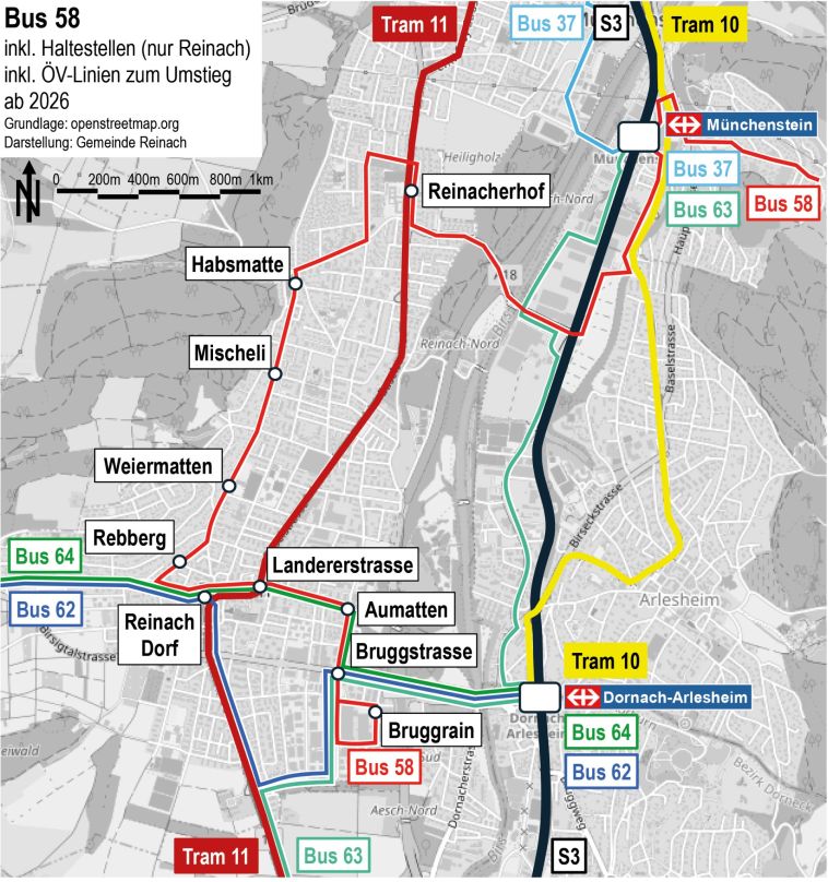 Die Buslinie 58 ergänzt das bestehende ÖV-Angebot optimal. Illustration: Gemeinde Reinach