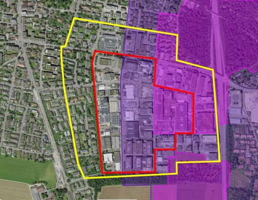 Befallszone (rot) und Überwachungszone (gelb), überlagert mit den Grundwasserschutzzonen S2 (pink) und S3 (lila), wo ein Verbot der Anwendung von Insektiziden gilt