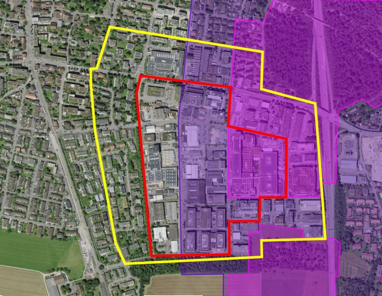 Befallszone (rot) und Überwachungszone (gelb), überlagert mit den Grundwasser Schutzzonen S2 (pink) und S3 (lila)