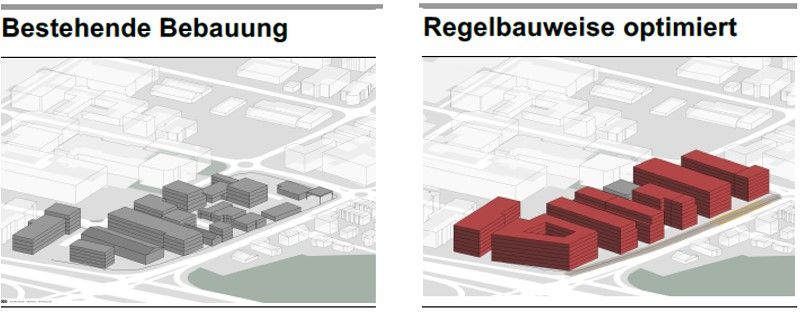 Isometrischer Vergleich bestehende Bebauung und optimierte Regelbauweise im Pilotgebiet Kägen Nordost (Blick aus nordöstlicher Richtung von Arlesheim Richtung Kägen).