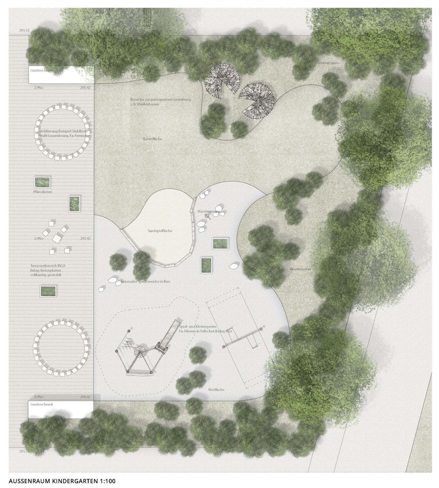 Der Kindergarten-Aussenraum ist auf die Bedürfnisse der Kleinsten angepasst. (Projektverfasser: Masswerk Architekten AG / Gesamtleistungsanbieter: Steiner AG)