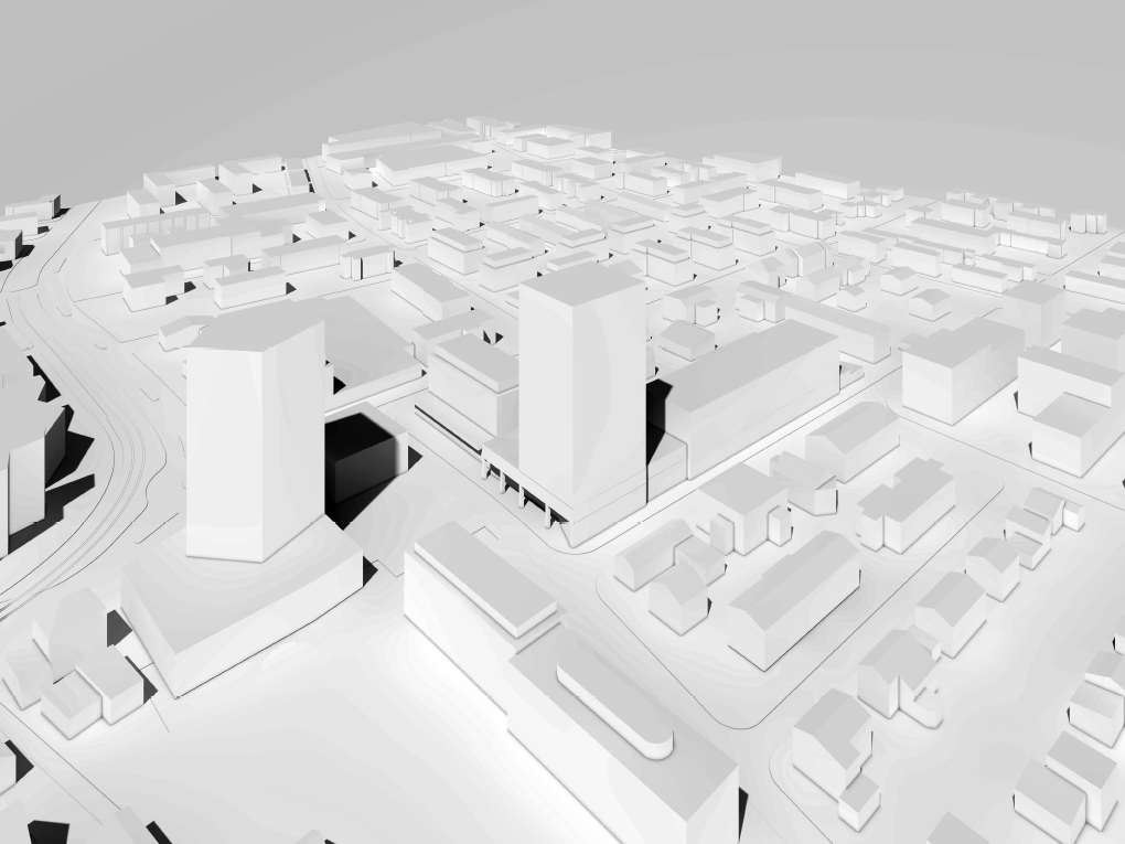 Das Modellfoto zeigt die beiden geplanten QP «Im Zentrum» und «Angensteinerplatz», Stand 18.11.2019